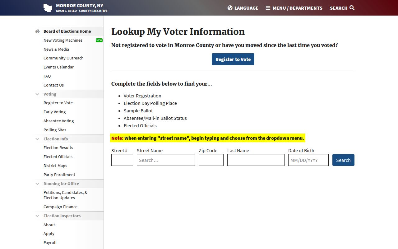 Henrietta residents directory Monroe County voter lookup search fields